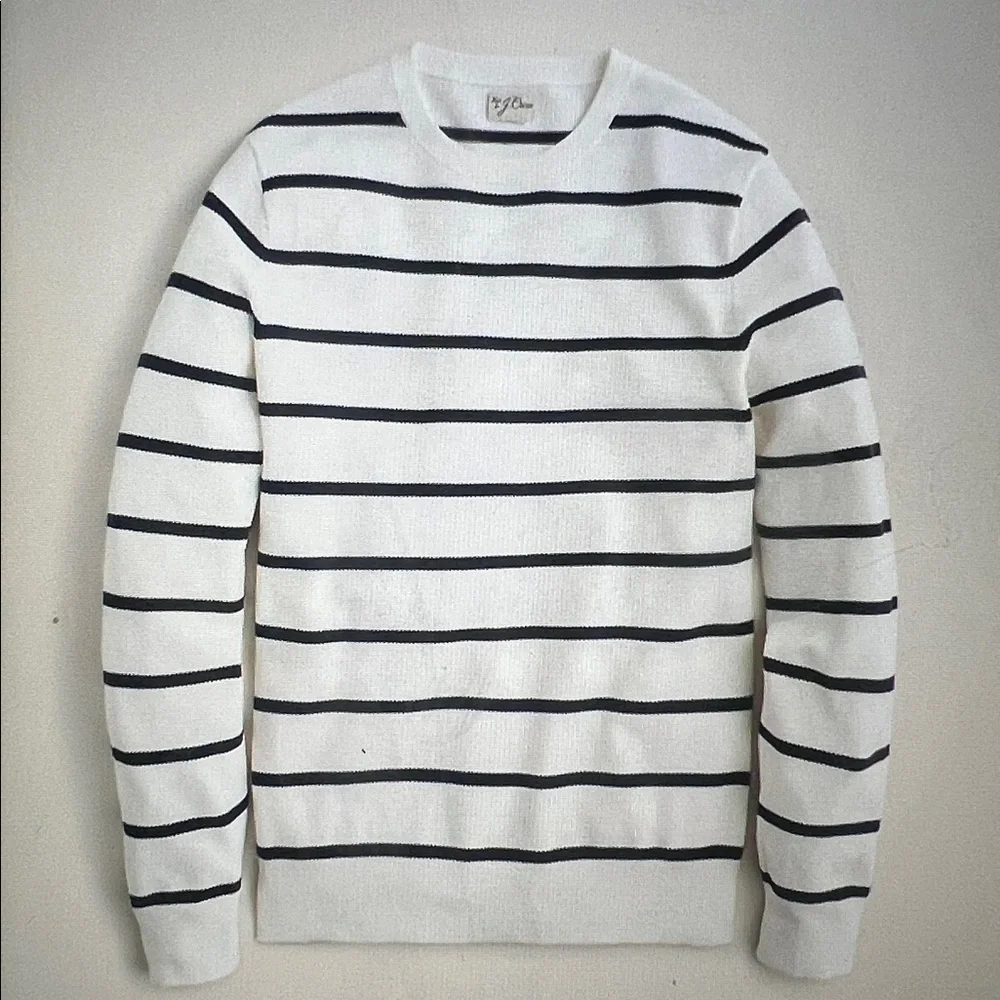 J. Crew Men's Cotton Pique Stitch Blue White Stripe Sweater Size L
